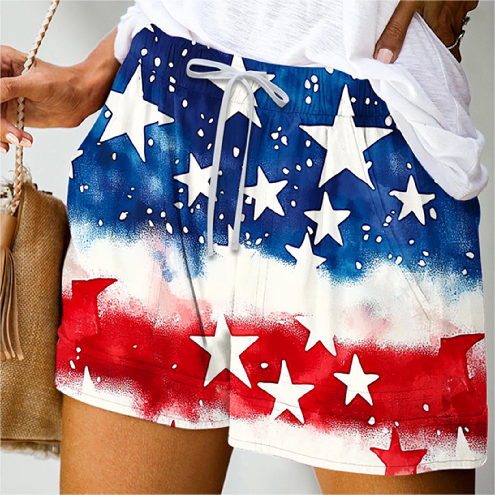 Red White and Blue Shorts Women July 4th Patriotci Shorts Casual Summer High Waist Drawstring Shorts with Pockets Beach Trendy Shorts L